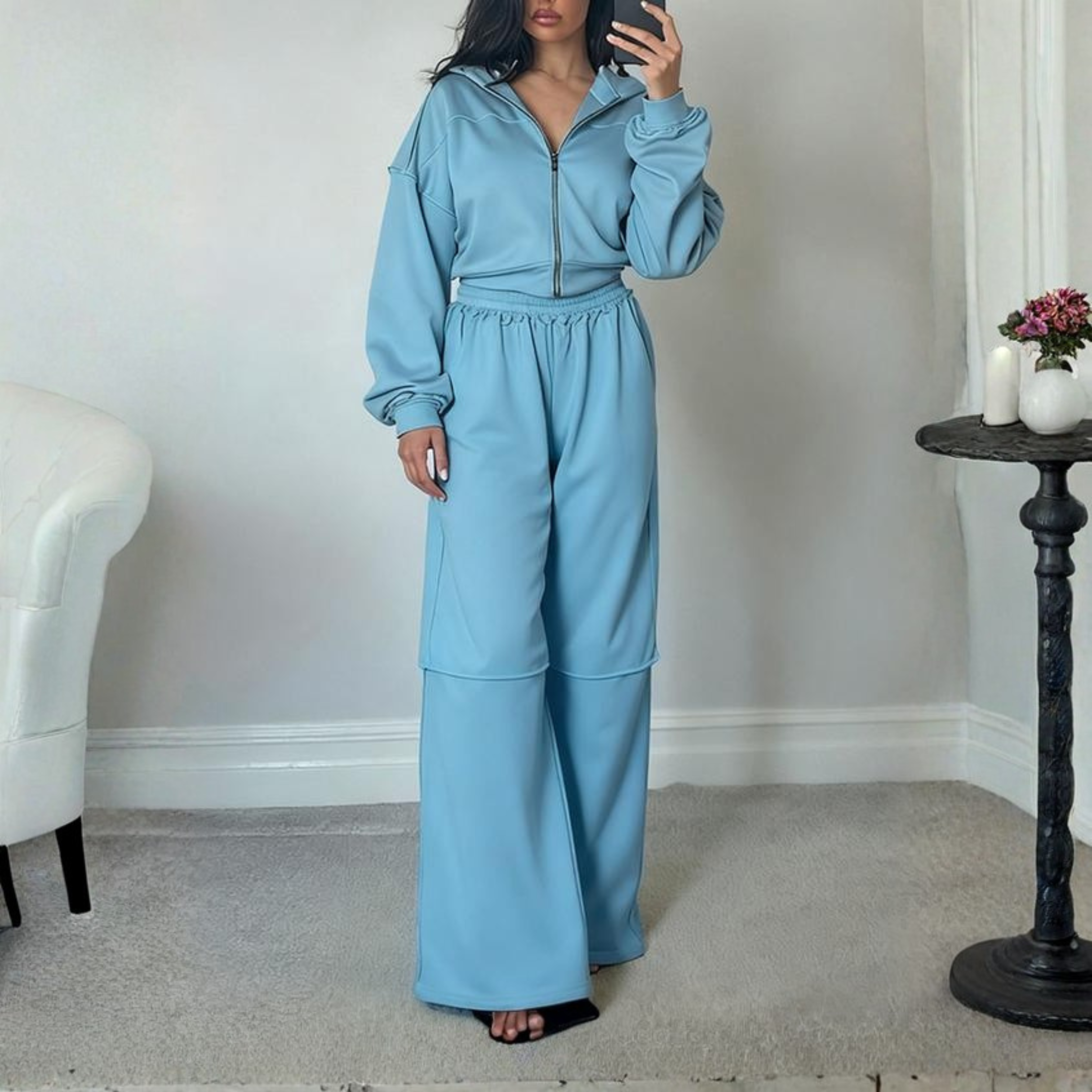 DARA™ - Kényelmes Cipzáras Kapucnis Pulóver és Rugalmas Derékú Nadrág Szett