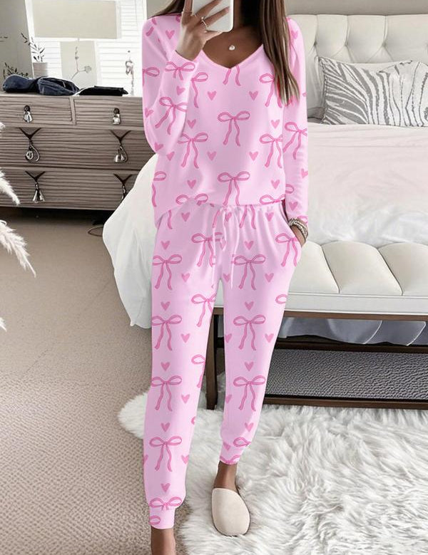 HALLIE™ - Masnis V-nyakú, hosszú ujjú felső és megkötős derékú nadrág szett