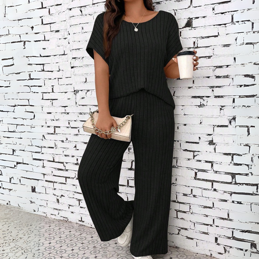 WAUNA™ - Kényelmes Plus Size Rövid Ujjú Blúz és Nadrág Szett