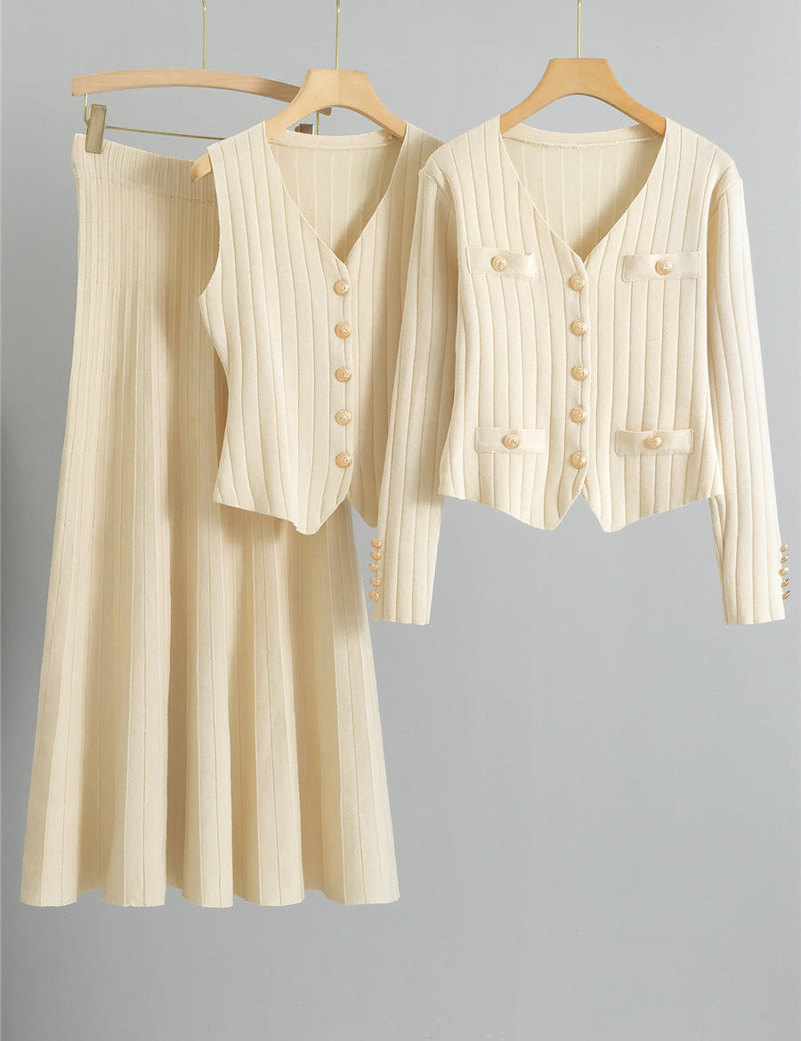 XANDY™ - Elegáns V-nyakú Gombos Mellény és Magas Derék Szoknya