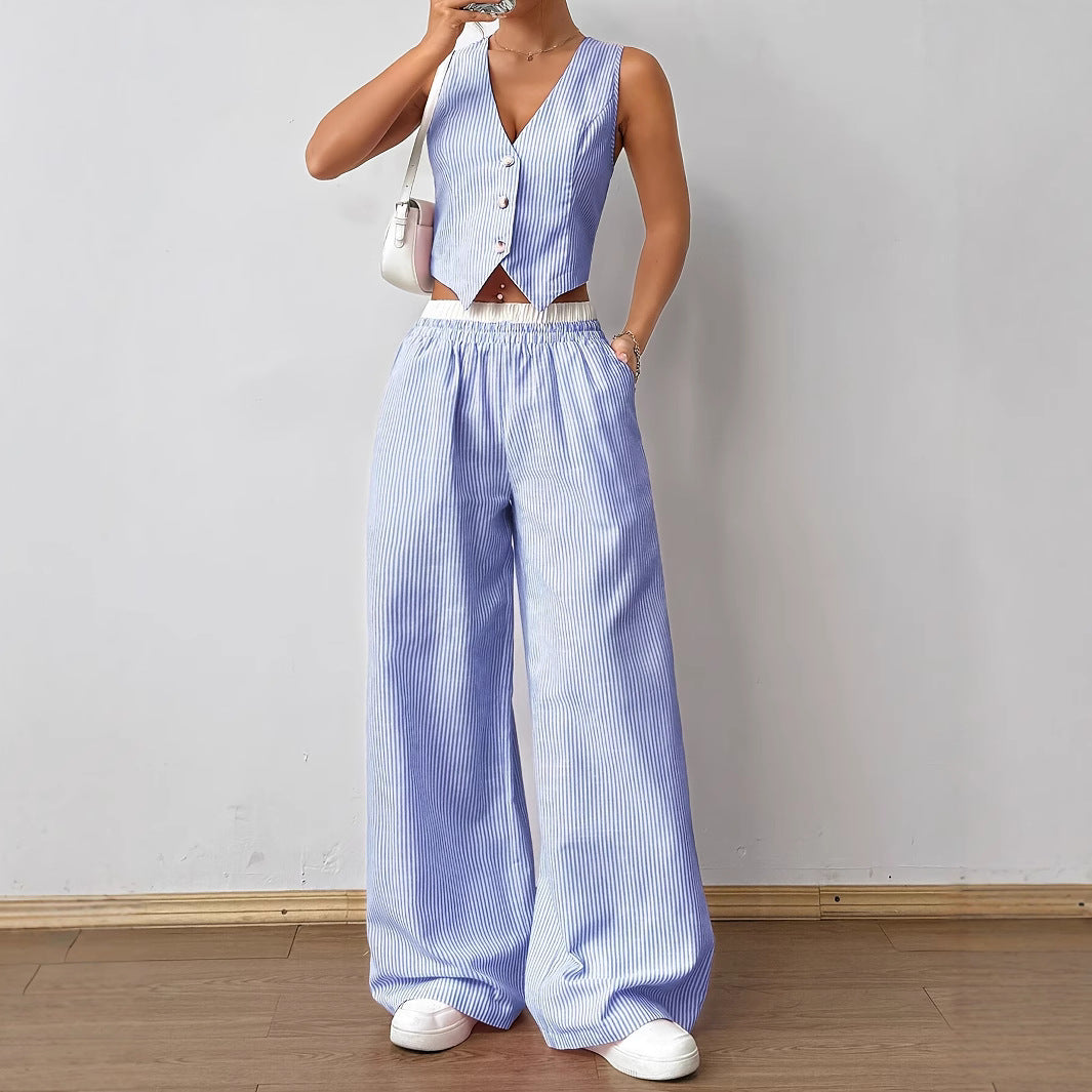 HELENA™ - Elegáns Csíkos Mintás Ujjatlan Felső és Széles Szárú Nadrág Szett