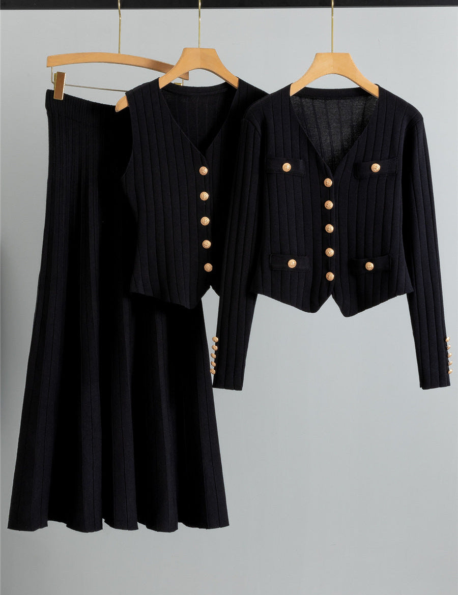 XANDY™ - Elegáns V-nyakú Gombos Mellény és Magas Derék Szoknya