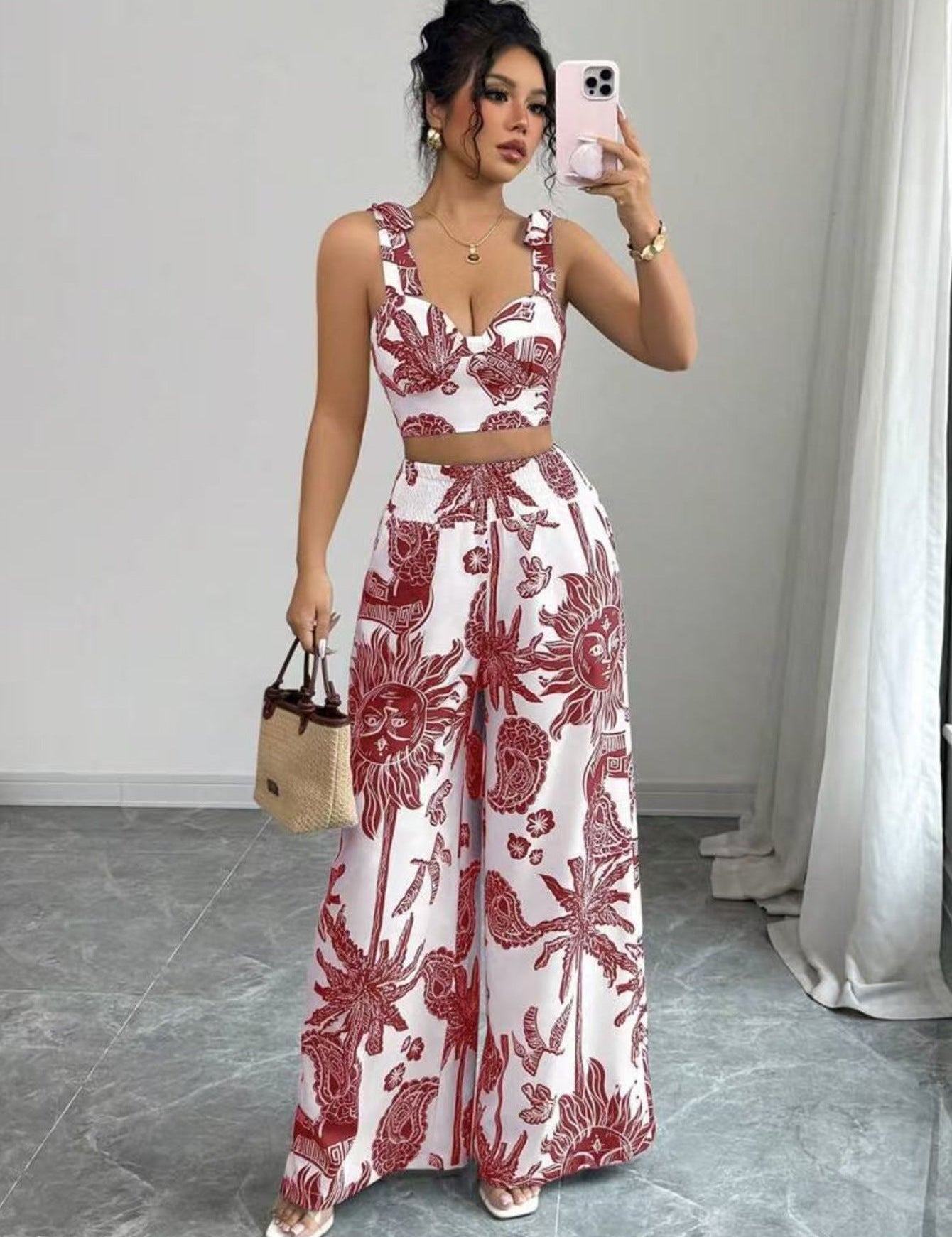 THAWDI™ - Elegáns Boho Nyomott Crop és Széles Szárú Nadrág Szett