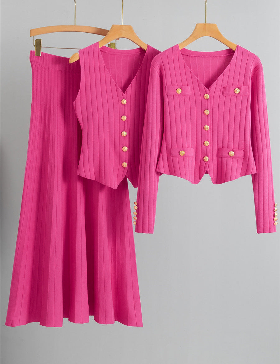 XANDY™ - Elegáns V-nyakú Gombos Mellény és Magas Derék Szoknya