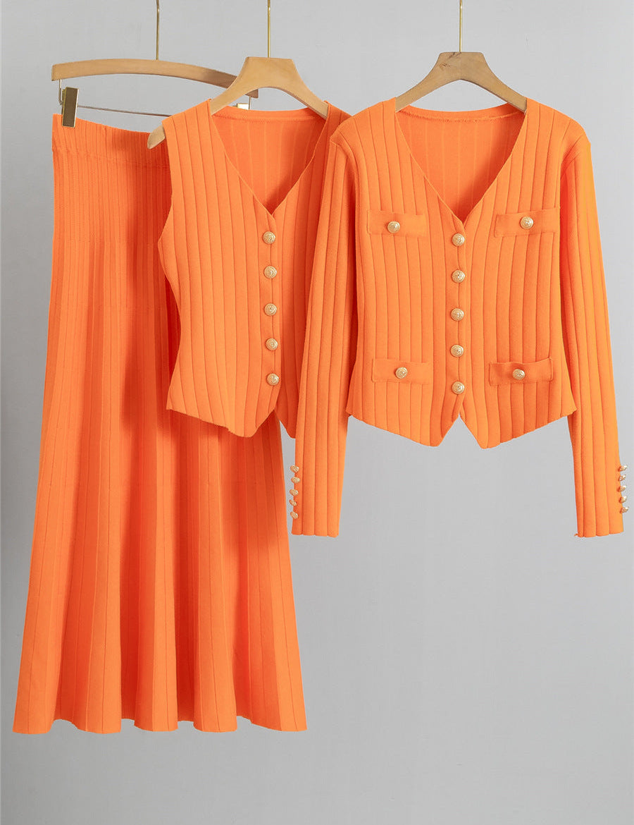 XANDY™ - Elegáns V-nyakú Gombos Mellény és Magas Derék Szoknya