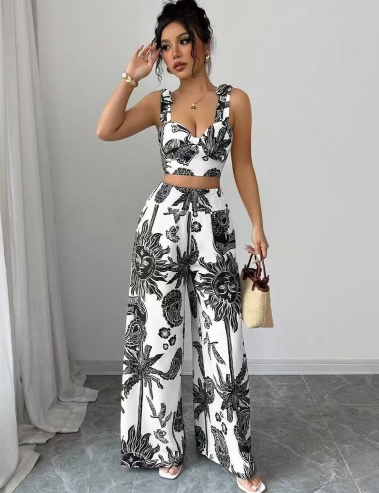 THAWDI™ - Elegáns Boho Nyomott Crop és Széles Szárú Nadrág Szett