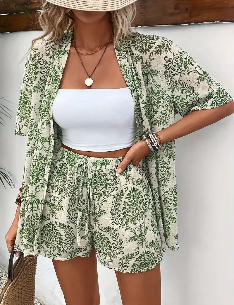 FANNIE™ – Egyszerű nyári virágmintás felső és rövidnadrág szett