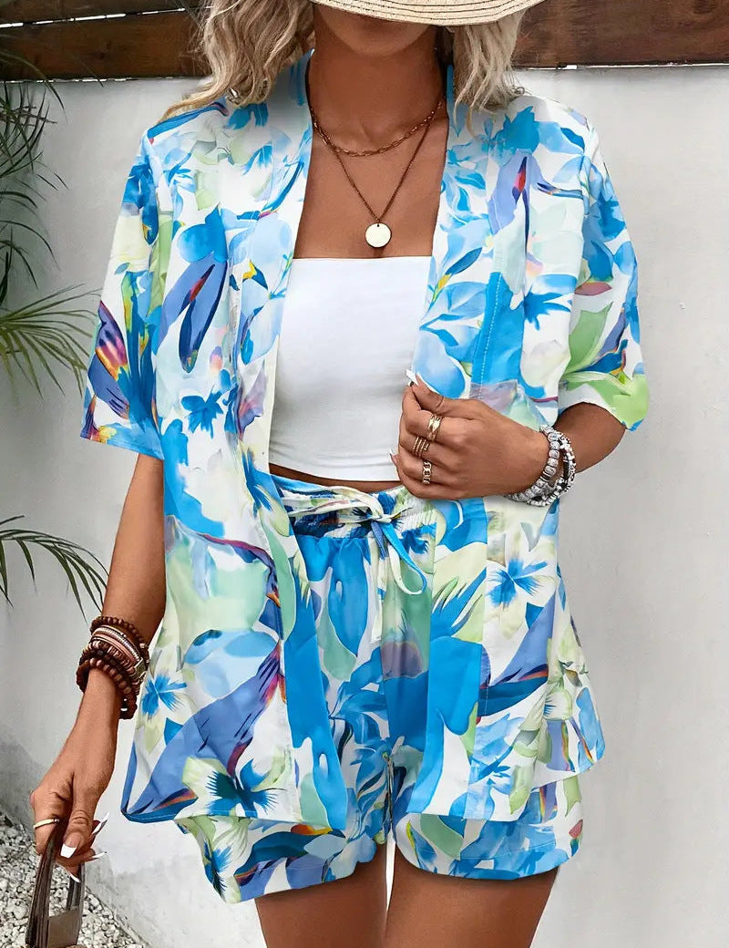 FANNIE™ – Egyszerű nyári virágmintás felső és rövidnadrág szett